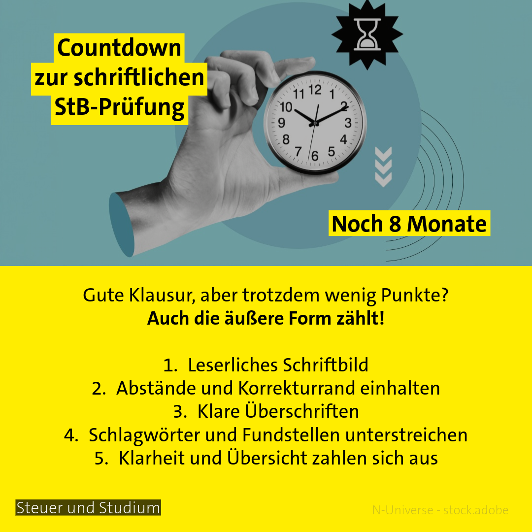 STuD Countdown 8 Monate bis zur StB-Prüfung