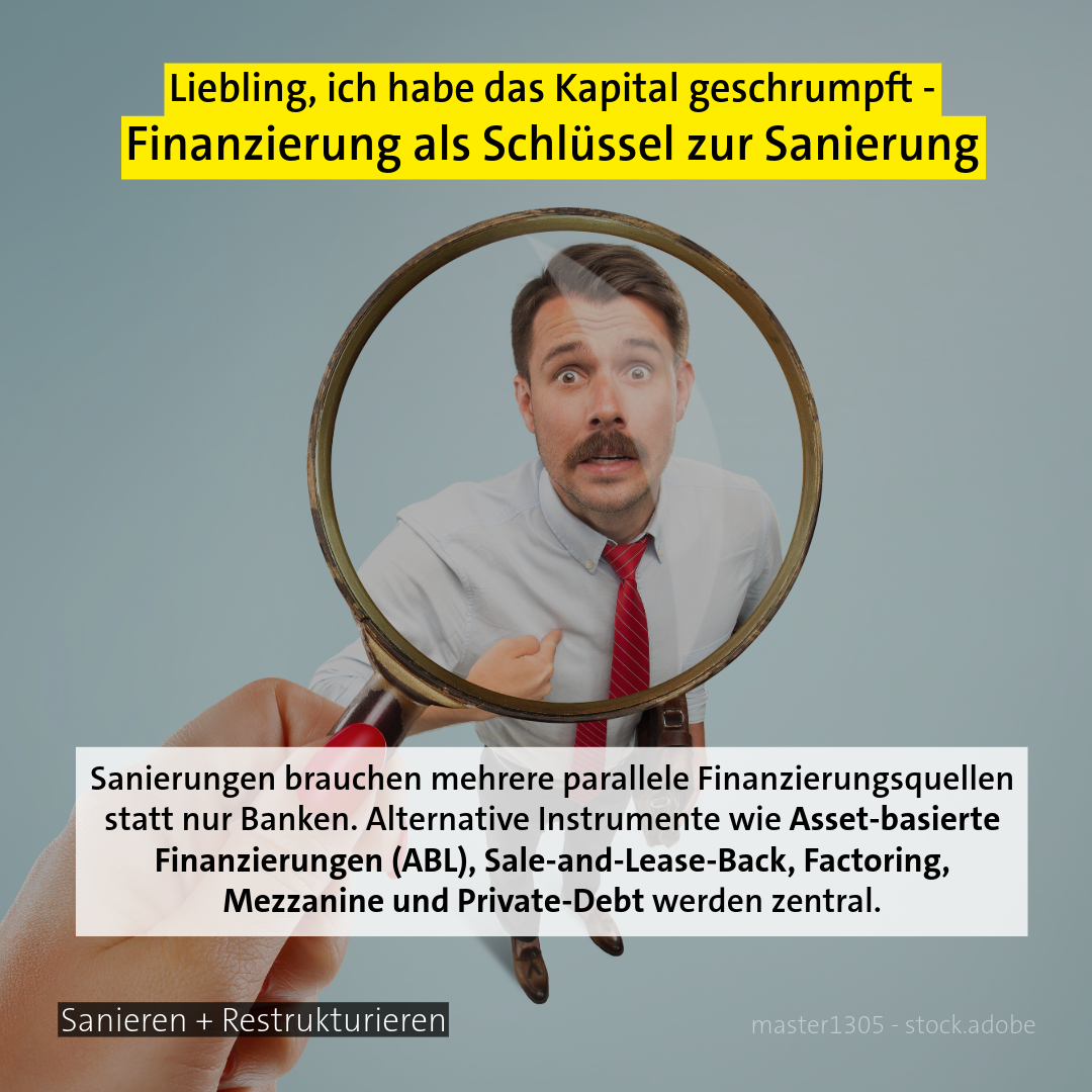 Mann unter Lupe - Thema: Finanzierung Schlüssel zum Sanierungserfolg