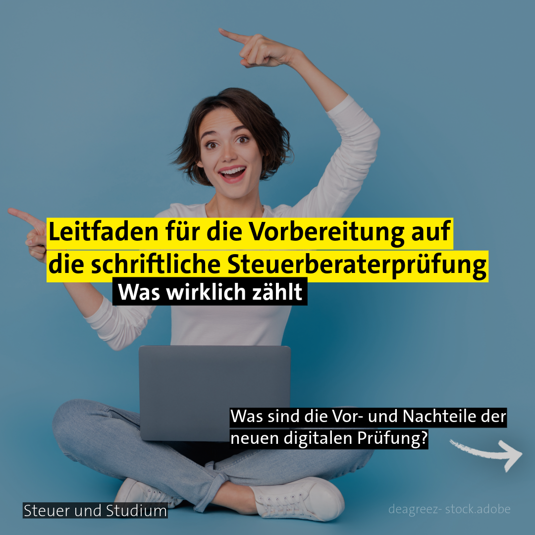 Junge Frau im Schneidersitz mit Laptop - Thema: Digitale StB-Prüfung